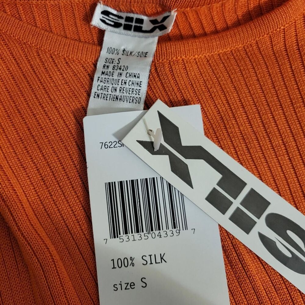 NWT VTG 90s SILX 100% Silk Women's Small Ribbed Orange Tee Shirt